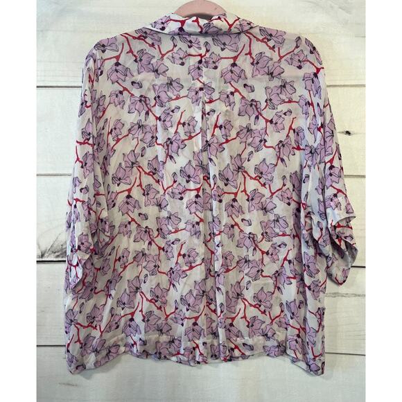 Rag & Bone Top Size MED Short Sleeve Blouse Pink Floral Print Collar - Picture 2 of 7
